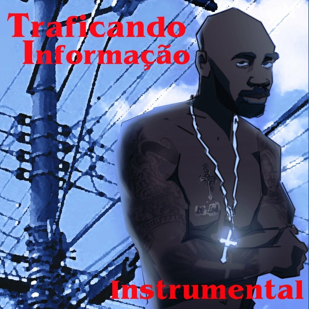 A imagem é a capa do álbum 'Traficando Informação Instrumental'. Ela apresenta uma ilustração de MV Bill, um homem negro musculoso, sem camisa, com tatuagens nos braços e um colar com um crucifixo. Ele tem uma barba e um olhar sério. Ao fundo, há postes e fios elétricos, dando uma sensação urbana. A imagem tem tons predominantemente azuis e brancos, com o texto em vermelho.