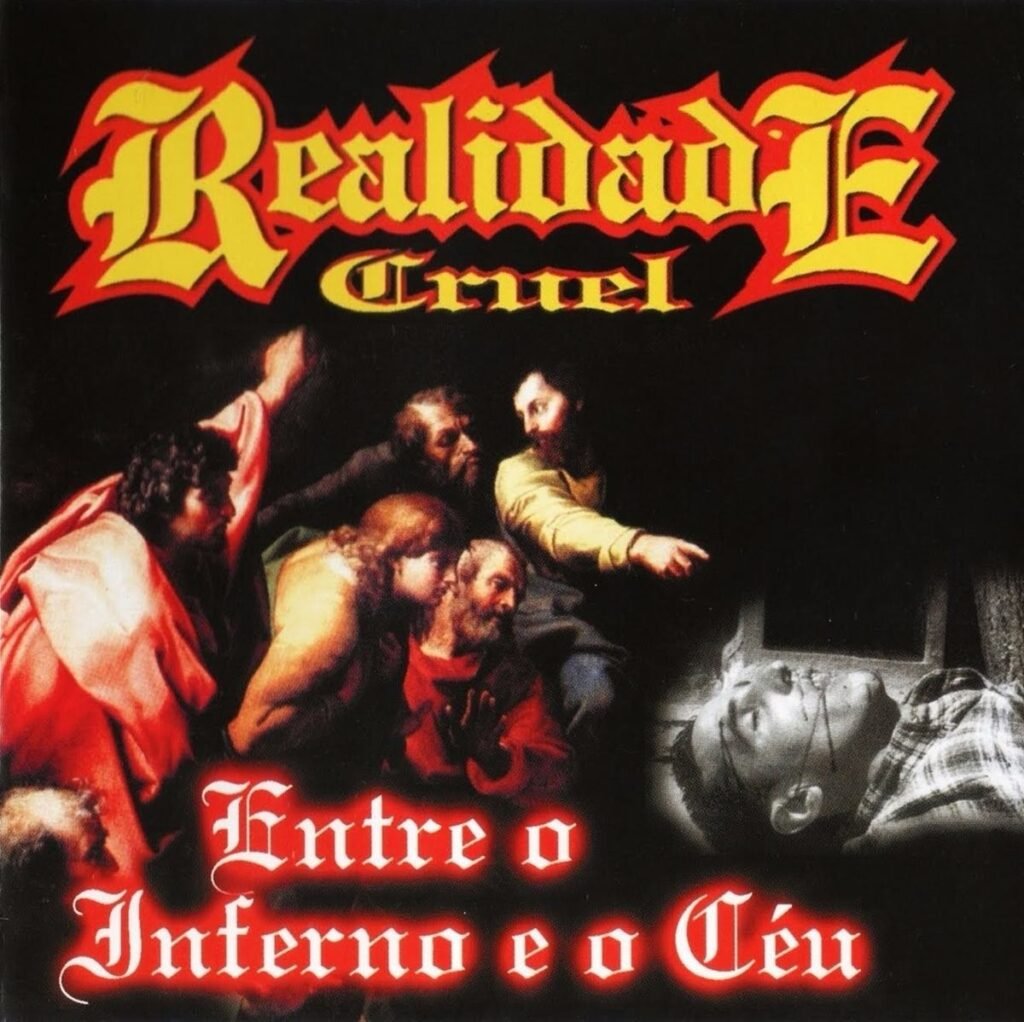 A capa do álbum 'Entre o Inferno e o Céu' do grupo Realidade Cruel apresenta o logotipo da banda em destaque no topo, com a palavra 'Cruel' em dourado abaixo. A arte central exibe uma cena que evoca pinturas religiosas clássicas, com figuras em um ambiente sombrio e uma delas apontando para a direita, onde uma imagem em preto e branco de uma pessoa deitada, possivelmente hospitalizada ou restrita, está sobreposta, sugerindo temas de sofrimento e aprisionamento. O título do álbum, 'Entre o Inferno e o Céu', é exibido na parte inferior em uma fonte decorativa vermelha, reforçando a dualidade e a intensidade das letras do grupo de rap nacional, conhecido por abordar questões sociais e existenciais.