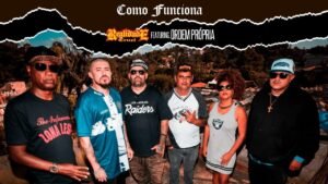 Integrantes do Realidade Cruel e Ordem Própria posam pra foto. Acima, o título da música (Como funciona) e os nomes/logos dos grupos.
