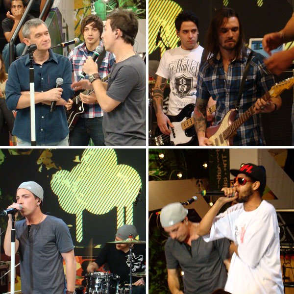 4 fotos juntas por uma colagem simples mostrando a participação do Emicida com o NX Zero no Altas Horas, com Serginho Groisman.