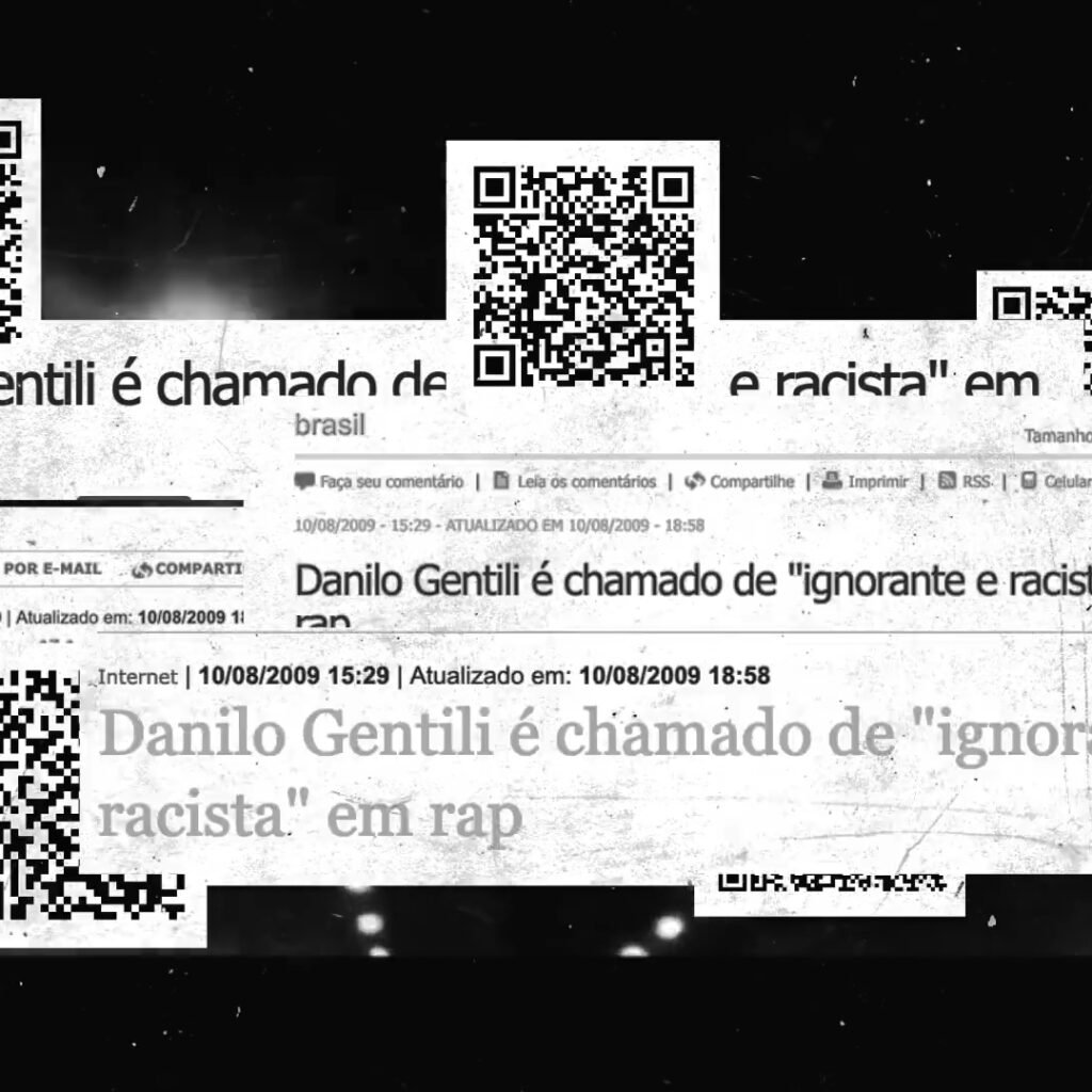 Print do Lyric Video da música Vai Se Fude Gentili com recortes de matérias que saíram sobre as piadas racistas de Danilo Gentili e a repercussão da música do Ukah em 2009.