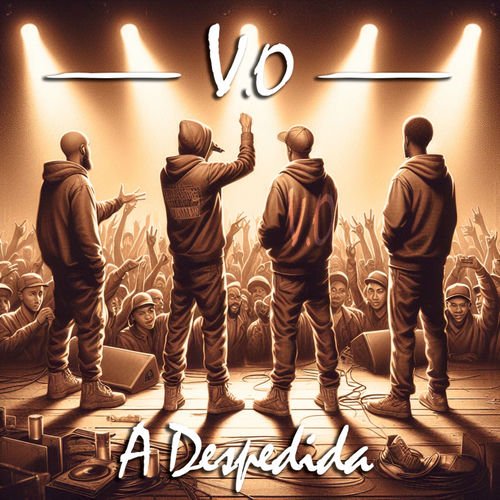 Ilustração em tons de sépia que retrata a visão de trás de quatro integrantes de um grupo de rap sobre um palco, de frente para uma plateia entusiasmada. Os músicos vestem moletons com capuz e calças largas; o segundo da esquerda para a direita está com o braço direito levantado e o punho cerrado. Abaixo deles, a plateia é composta por diversos jovens com braços erguidos. No topo, ao centro, destaca-se o logotipo 'V.O.' em branco, flanqueado por dois traços horizontais que sugerem luzes de palco. Na parte inferior, o título 'A Despedida' está escrito em uma fonte cursiva branca e dinâmica. O cenário é iluminado por quatro fortes canhões de luz que vêm de cima, criando um efeito de silhueta e profundidade.