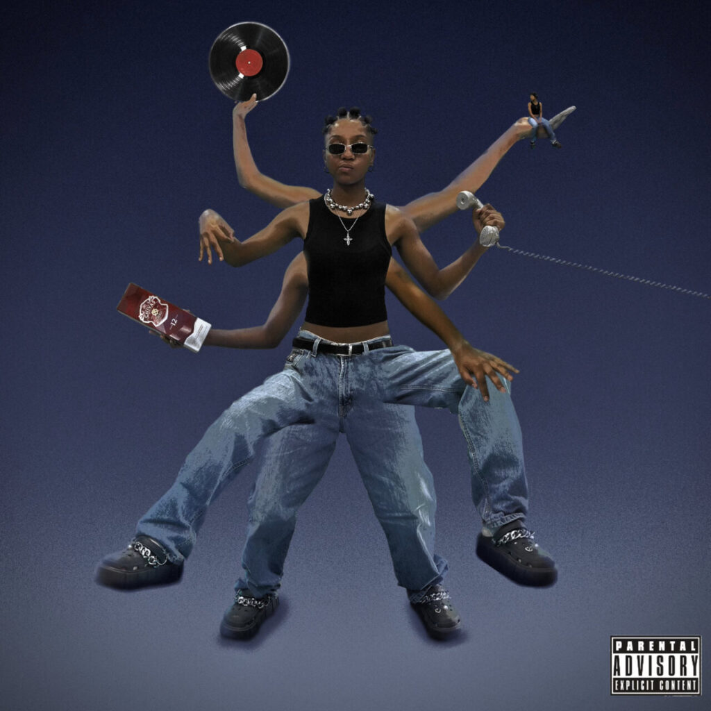 A capa do EP 'Sem Possíveis Amores Pra Vida' de Majis consiste em uma colagem digital sobre um fundo cinza-azulado fosco, centralizando a figura da artista multiplicada com seis braços e quatro pernas. Ela veste regata preta, calça jeans larga, sapatos pretos com correntes e óculos escuros. Seus braços adicionais seguram individualmente um disco de vinil, uma caixa de uísque vermelha e um fone de telefone prateado, enquanto uma réplica em miniatura da artista está sentada sobre sua mão direita superior. O selo retangular de aviso de conteúdo explícito ocupa o canto inferior direito da imagem.