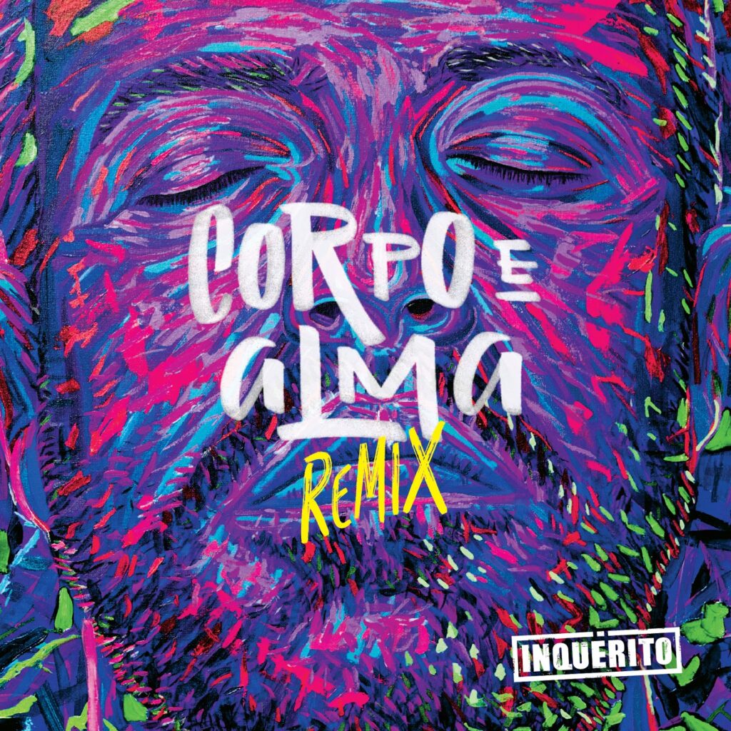 A capa do álbum Corpo e Alma Remix, do grupo de rap Inquérito, assim como a do seu original, apresenta a mesma pintura artística do rosto do rapper Renan em close-up, reeditada com uma paleta de cores frias e vibrantes. A ilustração exibe o rosto de olhos fechados em tons predominantemente roxos, magentas e azuis-petróleo, mantendo os traços da barba e contornos destacados em verde-limão e azul. No centro da imagem, sobreposto ao rosto, o título do álbum surge escrito com letras estilizadas que simulam tinta de pincel: 'CORPO E' na primeira linha e 'ALMA' na segunda, ambas em branco. Logo abaixo da palavra 'ALMA', está acrescentada a palavra 'REMIX' em fonte amarela vibrante e manuscrita. No canto inferior direito, o nome do grupo, 'INQUÉRITO', aparece em caixa alta branca dentro de uma moldura retangular com estilo estêncil.